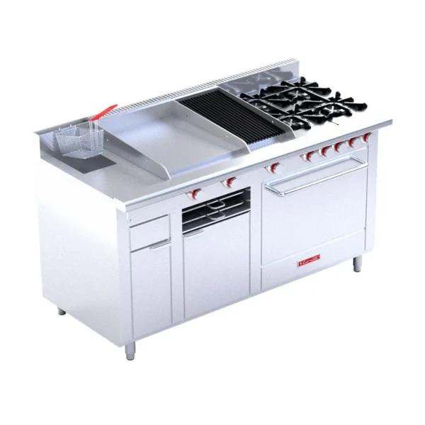 ESTUFA CORIAT MÚLTIPLE MASTER DE 4 QUEMADORES ABIERTOS, ASADOR, PLANCHA, GRATINADOR, FREIDORA DE 3L. Y HORNO LÍNEA TREND